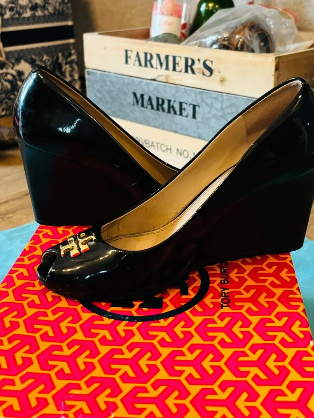 Tory Buch Patent Leather Peep Toe Jade Wedge